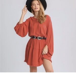 Umgee Brick Linen Long Puff Sleeve Cinched Waist Ruffle Hem Dress Small Rust